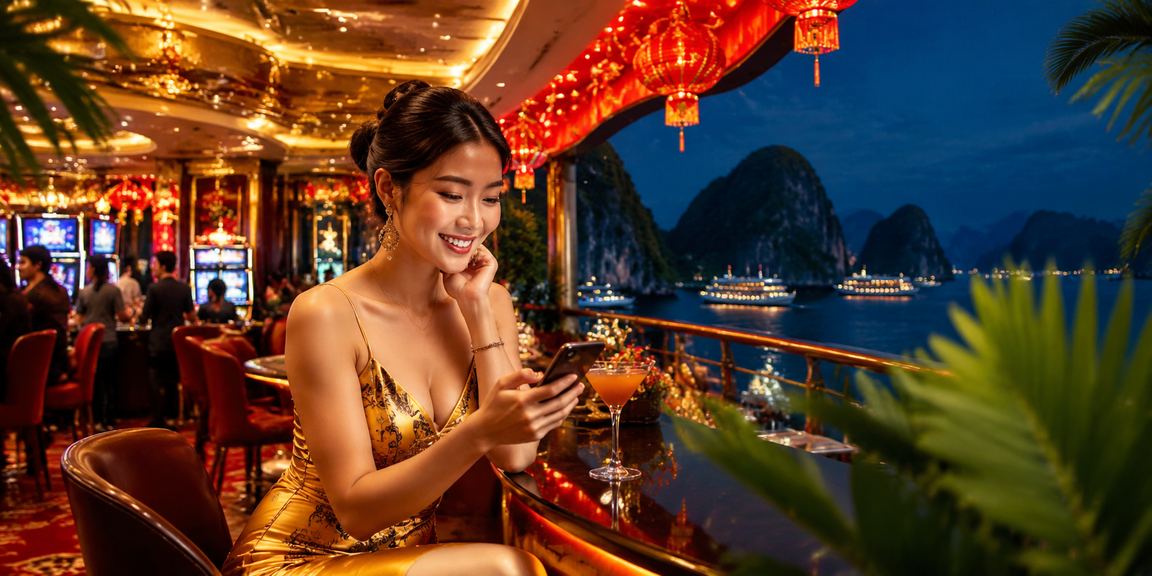 Người chơi truy cập casino trên điện thoại tại Vịnh Hạ Long trong dịp Tết